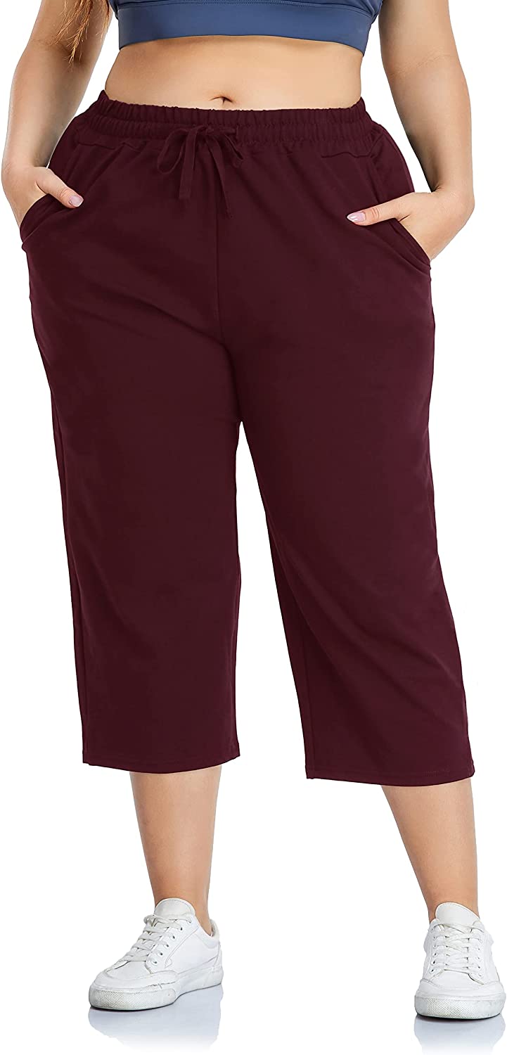  ZERDOCEAN Women's Plus Size Active Yoga Sweatpants Cotton  Jersey Capris Athletic Crop Pants with Pockets Drawstring Dark Gray 1X :  Clothing, Shoes & Jewelry