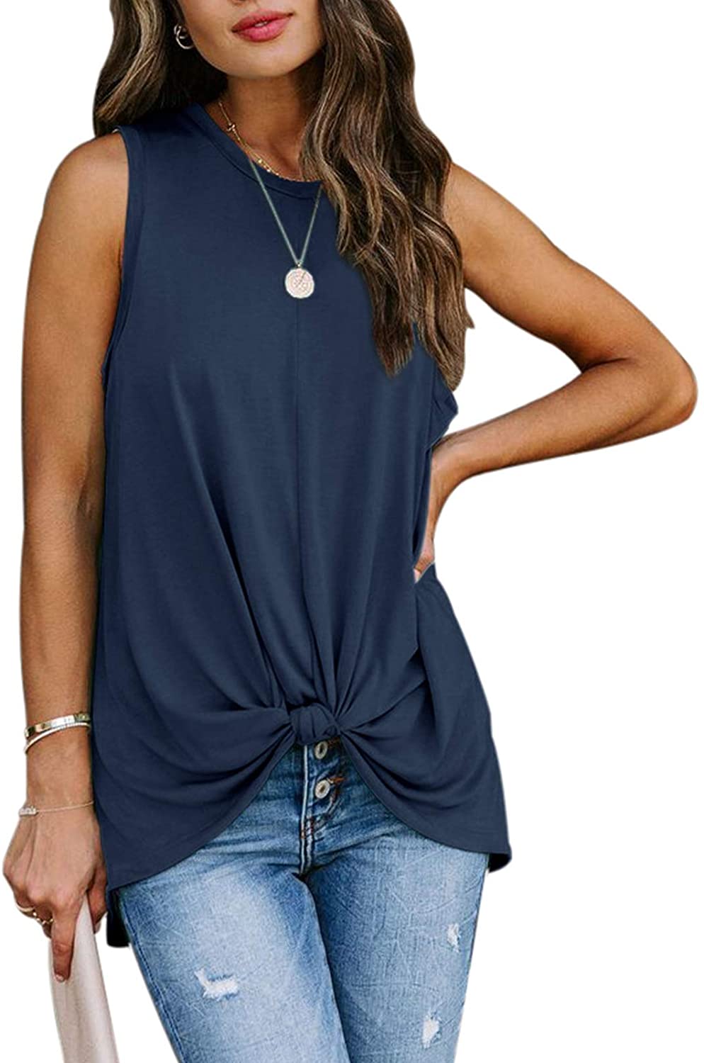 Berryou Womens Sleeveless Tank Tops Tie Knot Front Solid Round Neck Loose T  Shir | eBay