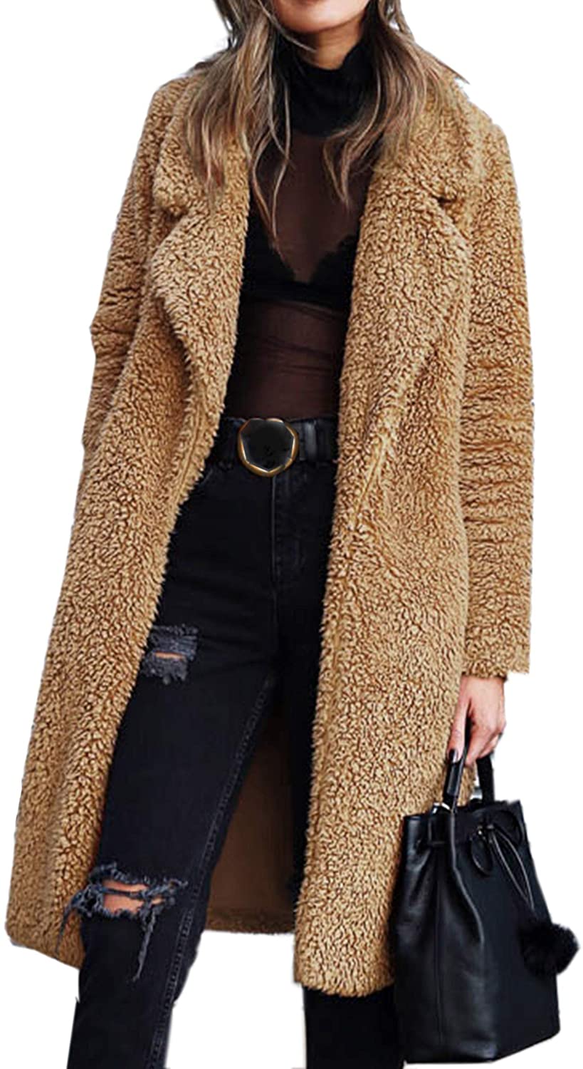 aliveGOT Womens Warm Fuzzy Fleece Lapel Long Cardigan Coat Faux Fur Outwear Khaki 2, XL 