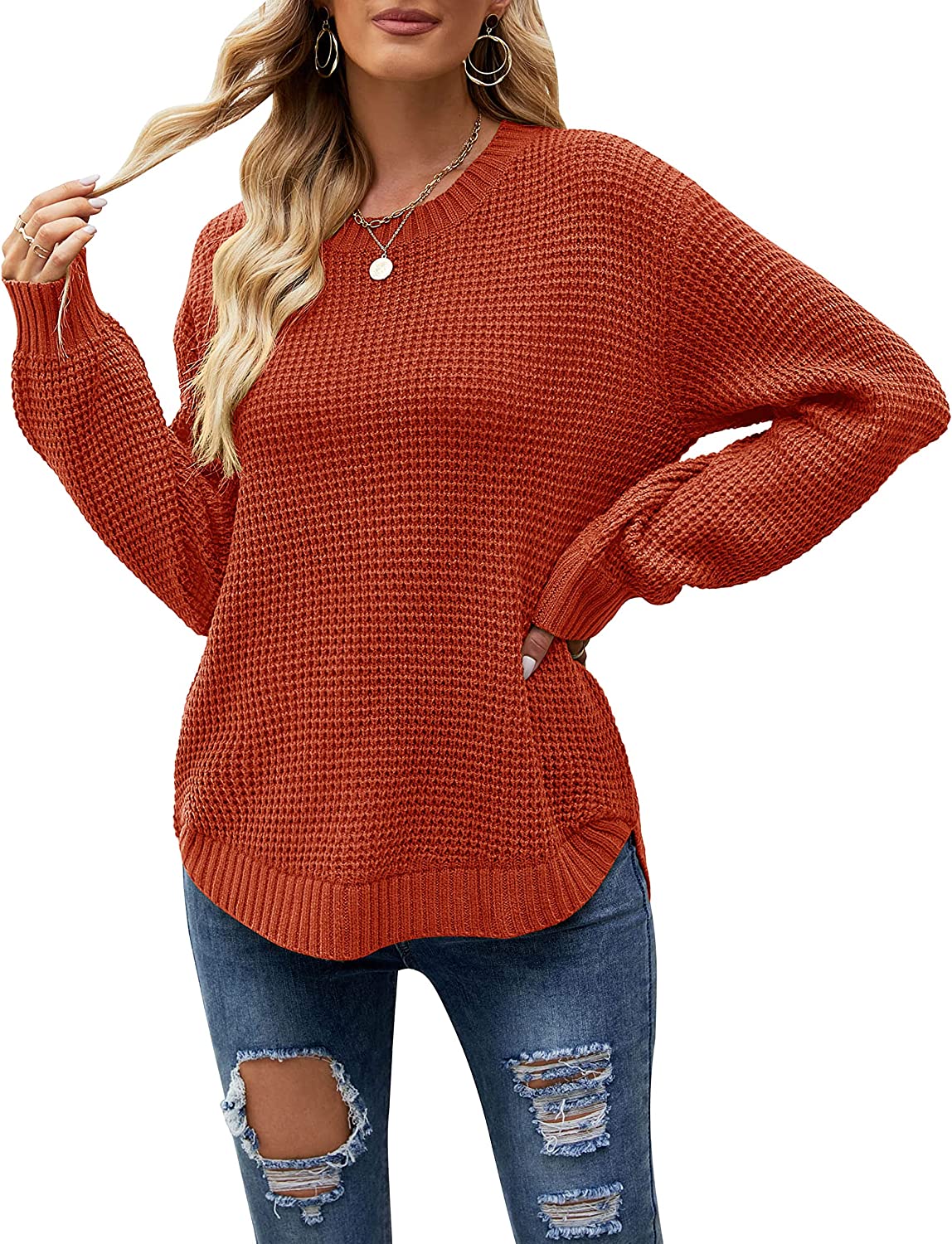 MEROKEETY Women's 2024 Fall Casual Fall Waffle Knit Sweater Long Balloon  Sleeve Loose Pullover Jumper, ArmyGreen, S at  Women's Clothing store