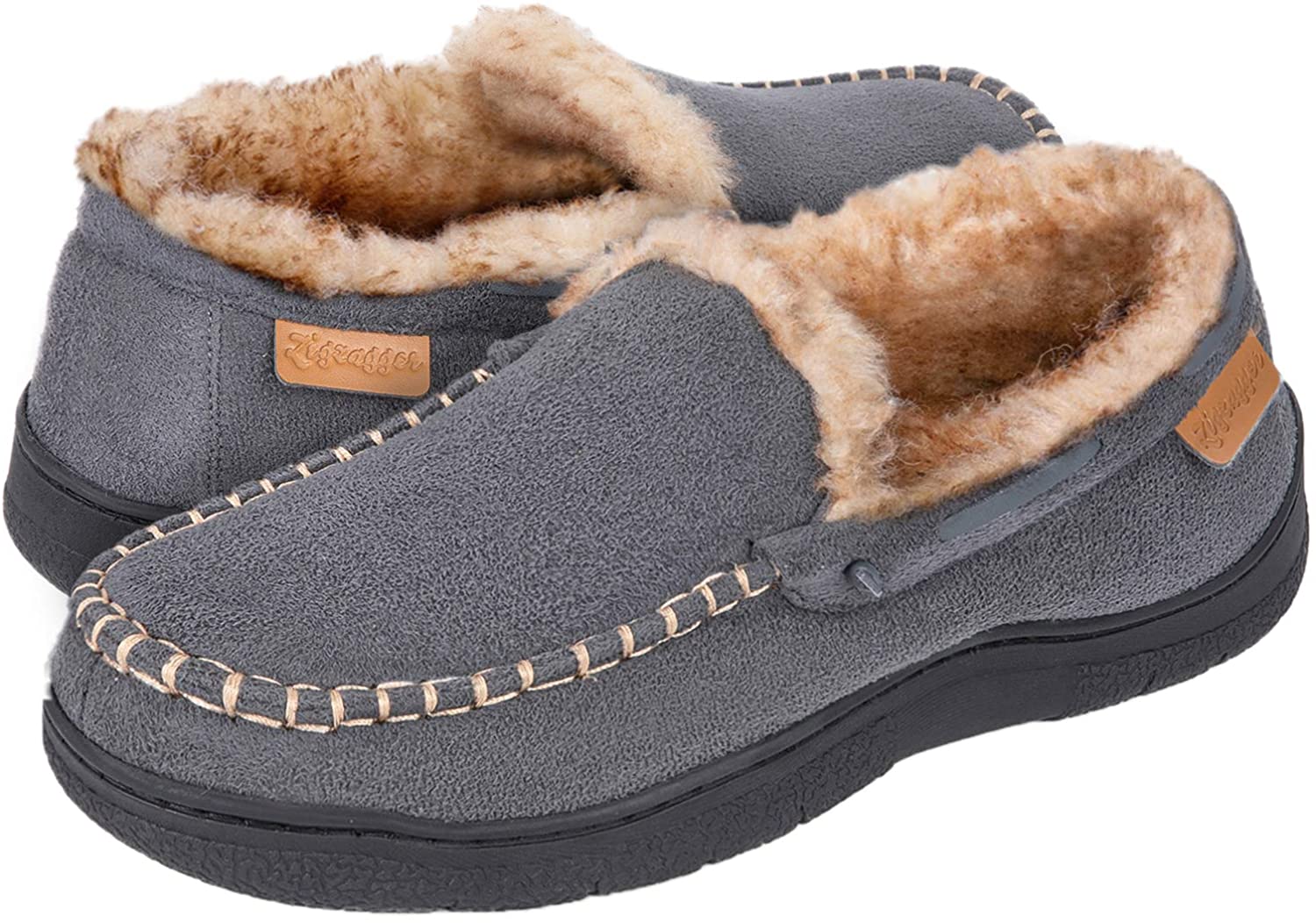 Indoor/Outoor House Shoes with Memory Foam Zigzagger Mens Fuzzy Wool Moccasin Slippers