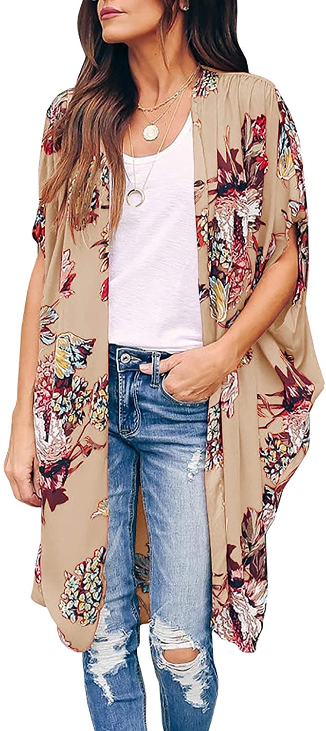 Ivay Womens Floral Kimono Duster Cardigans Short Sleeve Draped Oversized Beach Cover Up Cape 