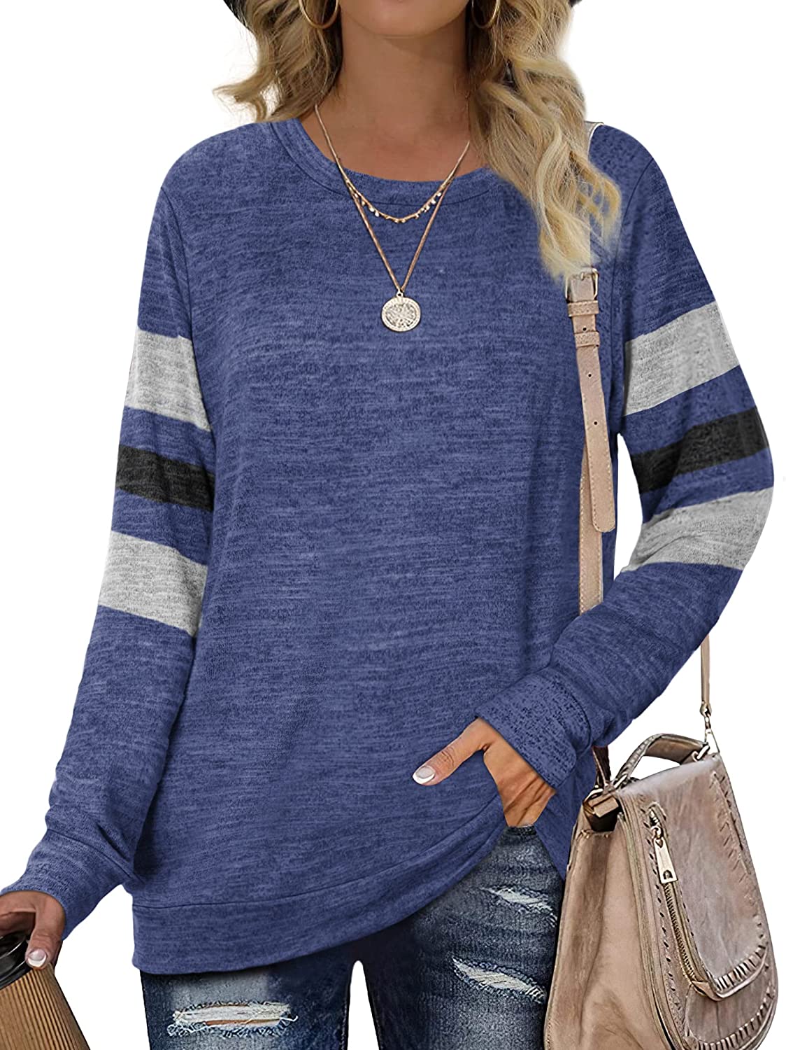 Geifa Sweatshirts for Women Crewneck Color Block Sweaters Long Sleeve Tunic  Tops