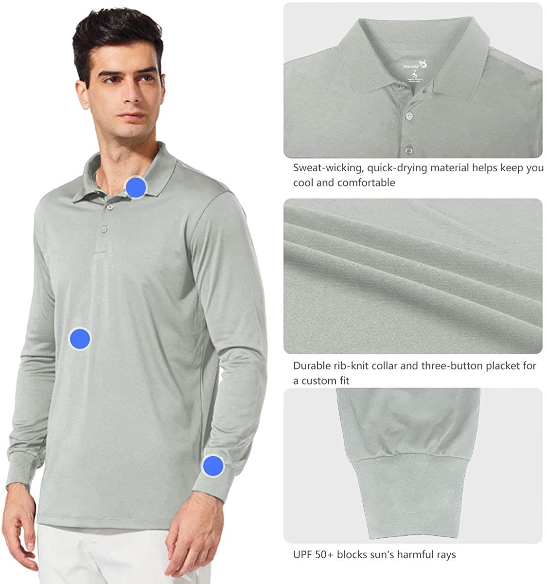 BALEAF Men's UPF 50+ Sun Protection Golf Polo Shirt Long Sleeve Tennis ...