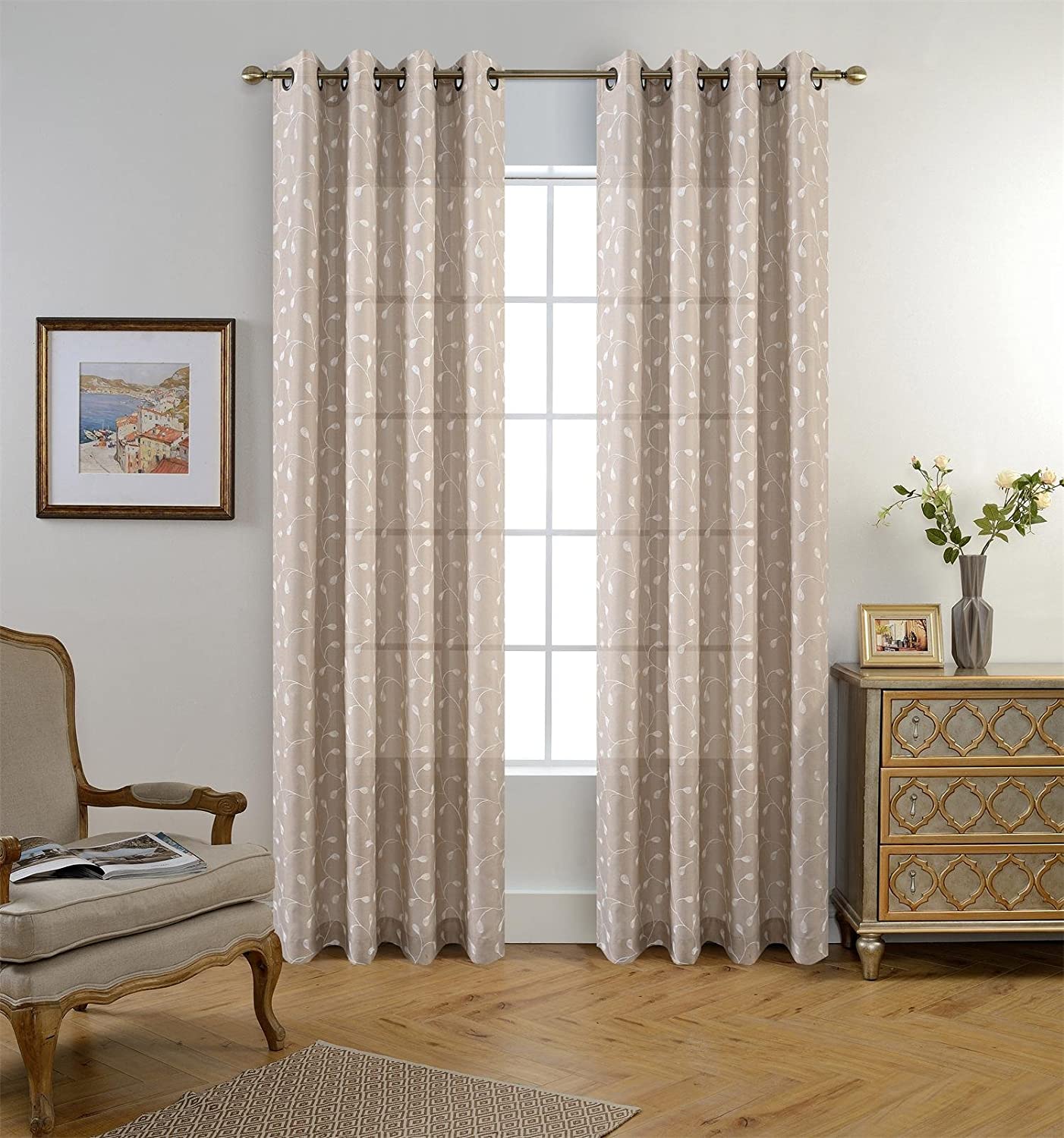 MIUCO Floral Embroidered Semi Sheer Curtains Faux Linen Grommet Window