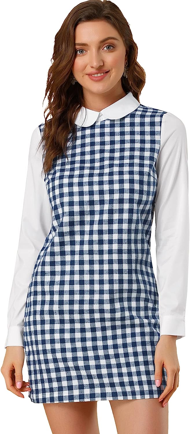 Allegra K Women's Contrast Peter Pan Collar Long Sleeve Shift Plaid Dress