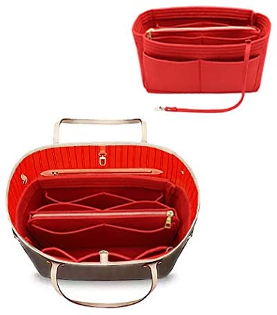 Purse Organizer Insert, Felt Bag organizer with zipper, Handbag & Tote  Shaper, For Neverfull MM Speedy 30 & All Bags with Similar Sizes (Red)