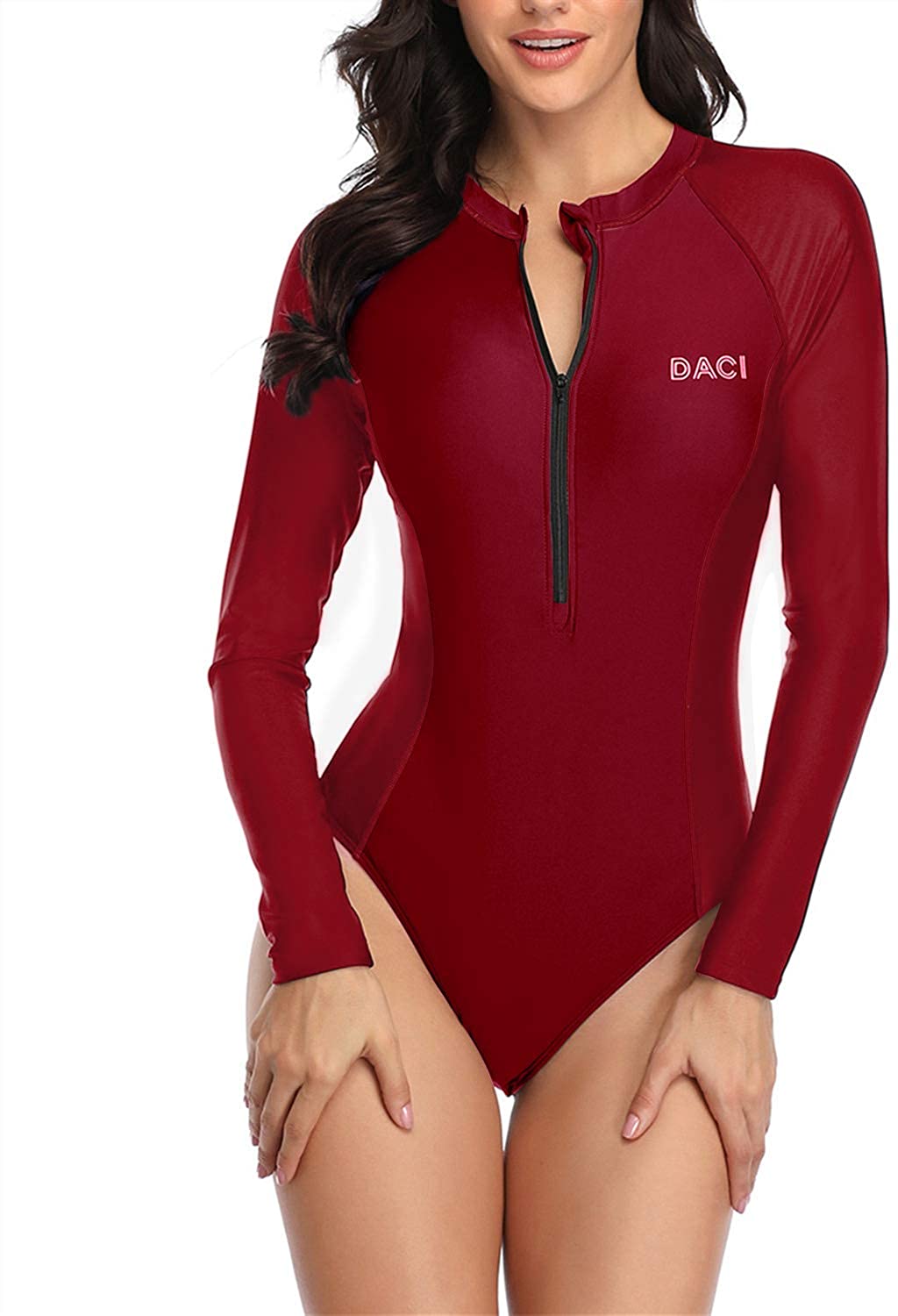 Daci Women 2 Piece Rash Guard Long Sleeve Zipper Bathing Suit with Bottom  Built in Bra Swimsuit UPF 50