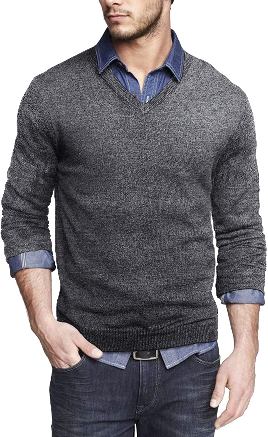 COOFANDY Men Casual V Neck Sweater Ribbed Knit Slim Fit Long Sleeve Pullover Top Grey