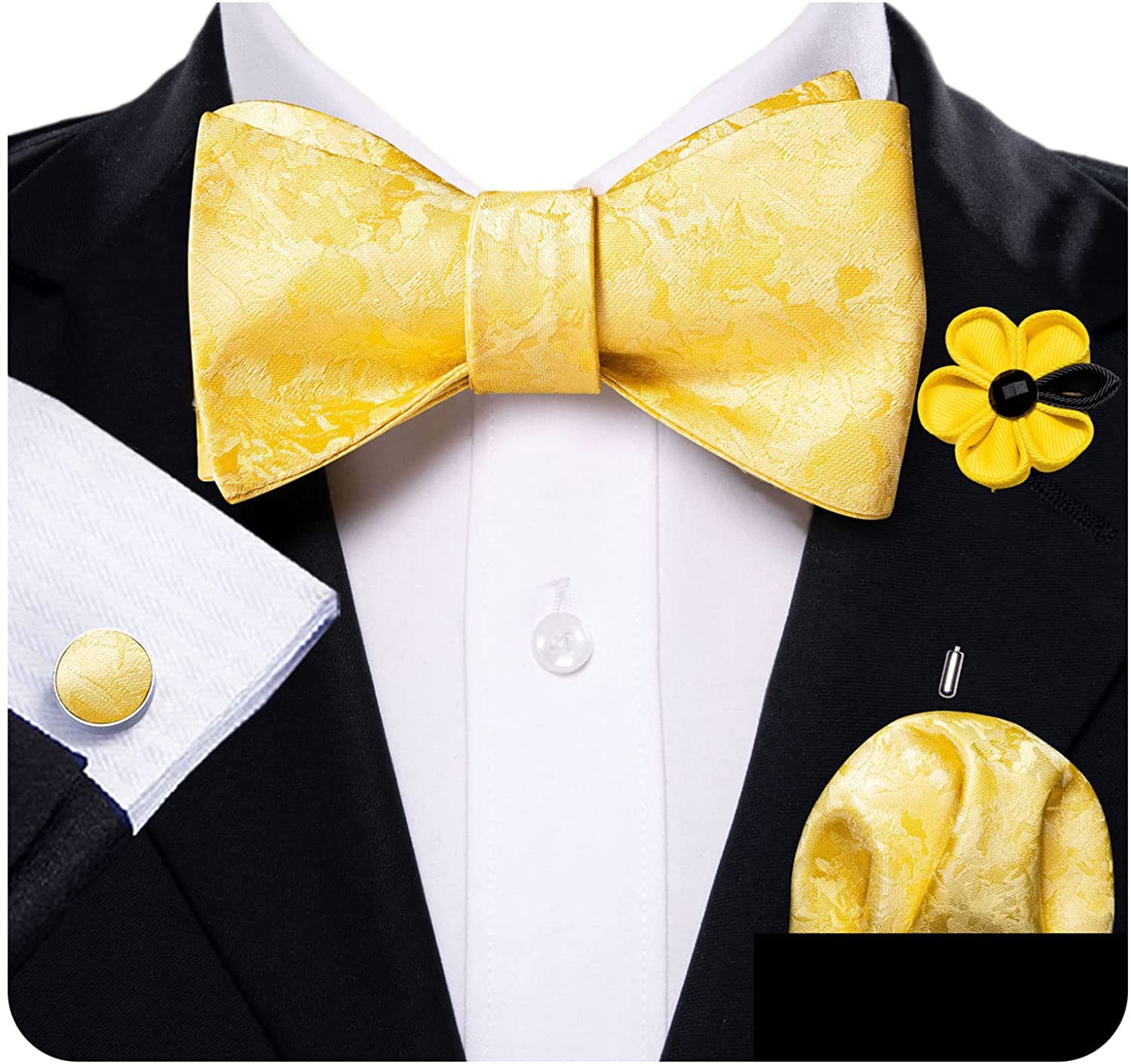 YOHOWA 4PCS Men's Silk Self Bow Tie Boys Bowties Flower Lapel Pin Handkerchief Cufflinks Wedding Formal Party Box