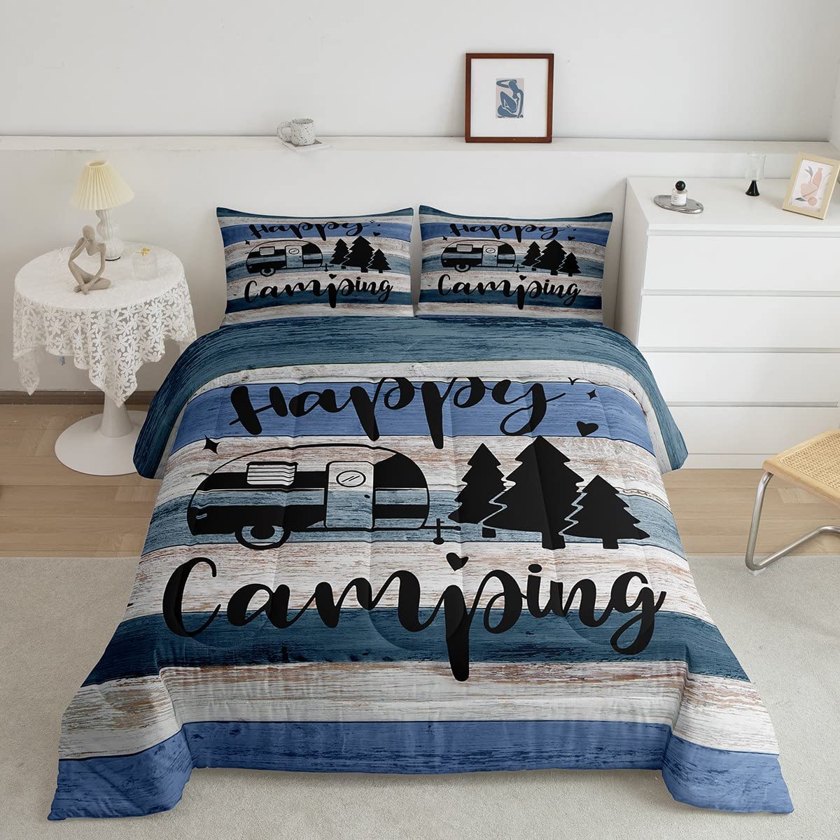 Castle Fairy Camper Comforter Queen,Happy Camping Comforter Set Microfiber  RV Inside Decor Duvet Bedding,Camper Accessories for Travel Trailers,Camper