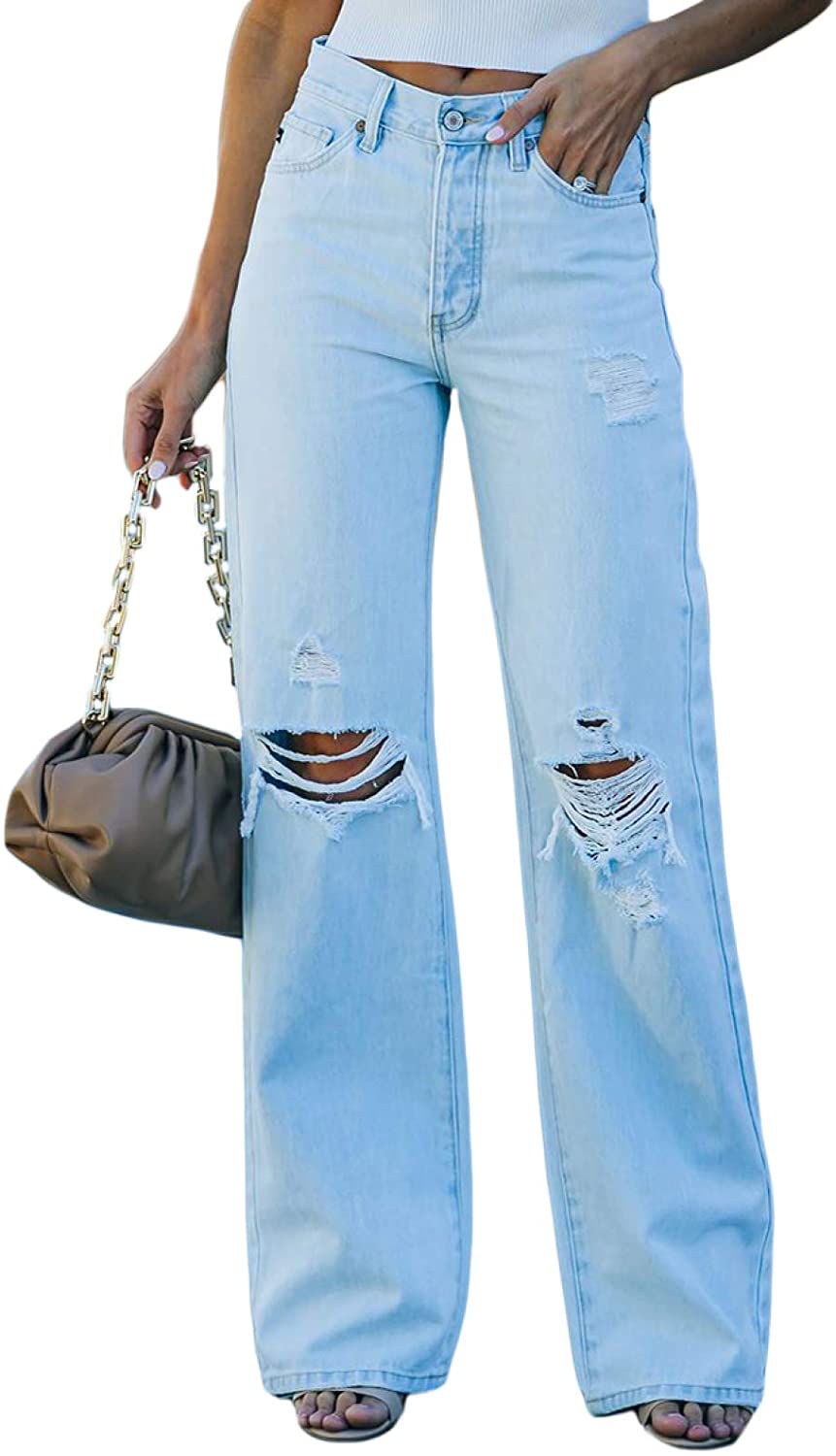 Sidefeel Women High Waist Distressed Flare Jeans Ripped Hole Denim Pants 