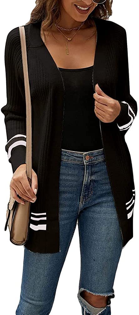 CUALITA Womens Striped Open Front Colorblock Long Knit Sweaters Cardigan 
