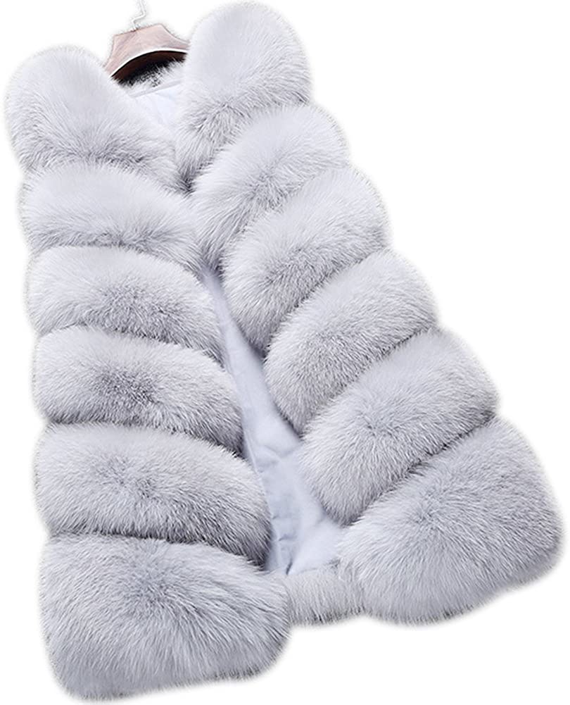 Dikoaina Fashion Women's Warm Long Faux Fox Fur Vest Waistcoat ...