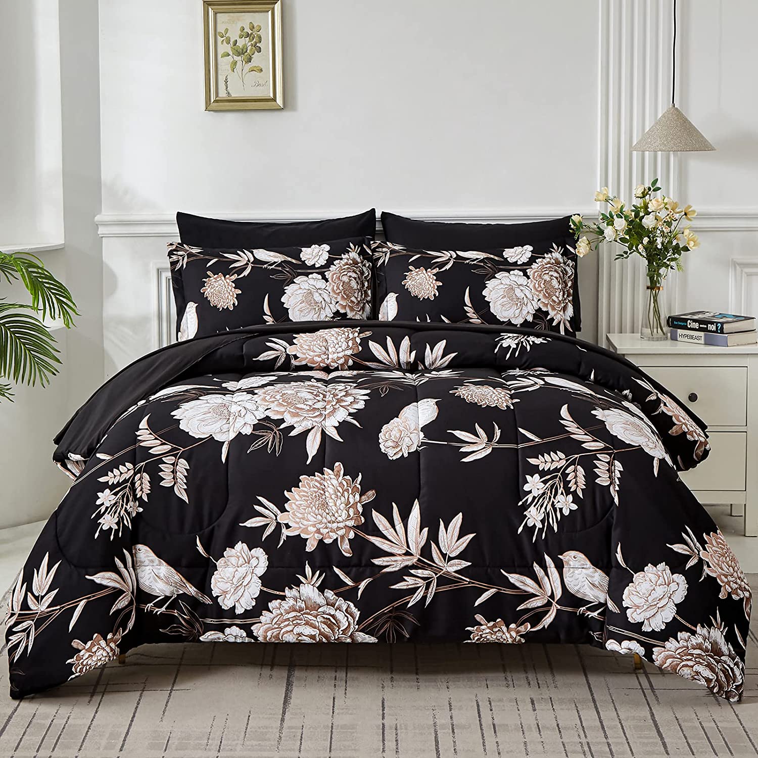 Yogeneg 7 Piece Bed in a Bag Queen Comforter Set Botanical Floral Bedding  Set,White Flowers Leaves Printed on Black Reversible Design,Soft Microfiber
