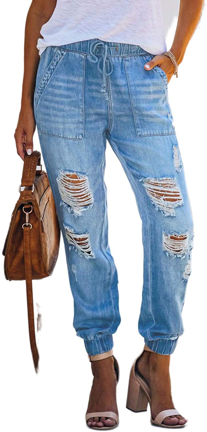 Women's Pull-On Distressed Denim Joggers Pants with Pockets
