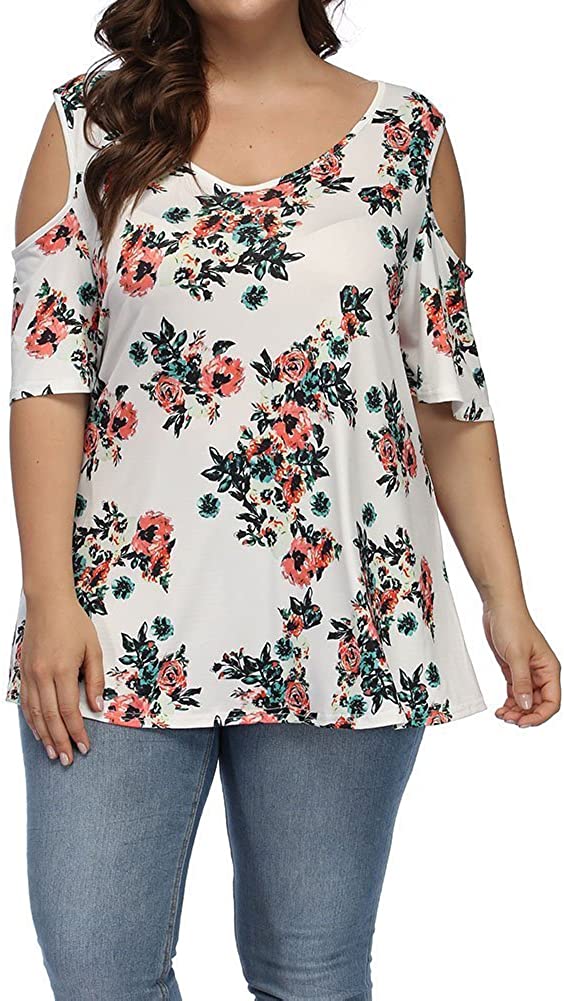 ALLEGRACE Women's Plus Size Summer Cold Shoulder Tunic Top Short Sleeve ...