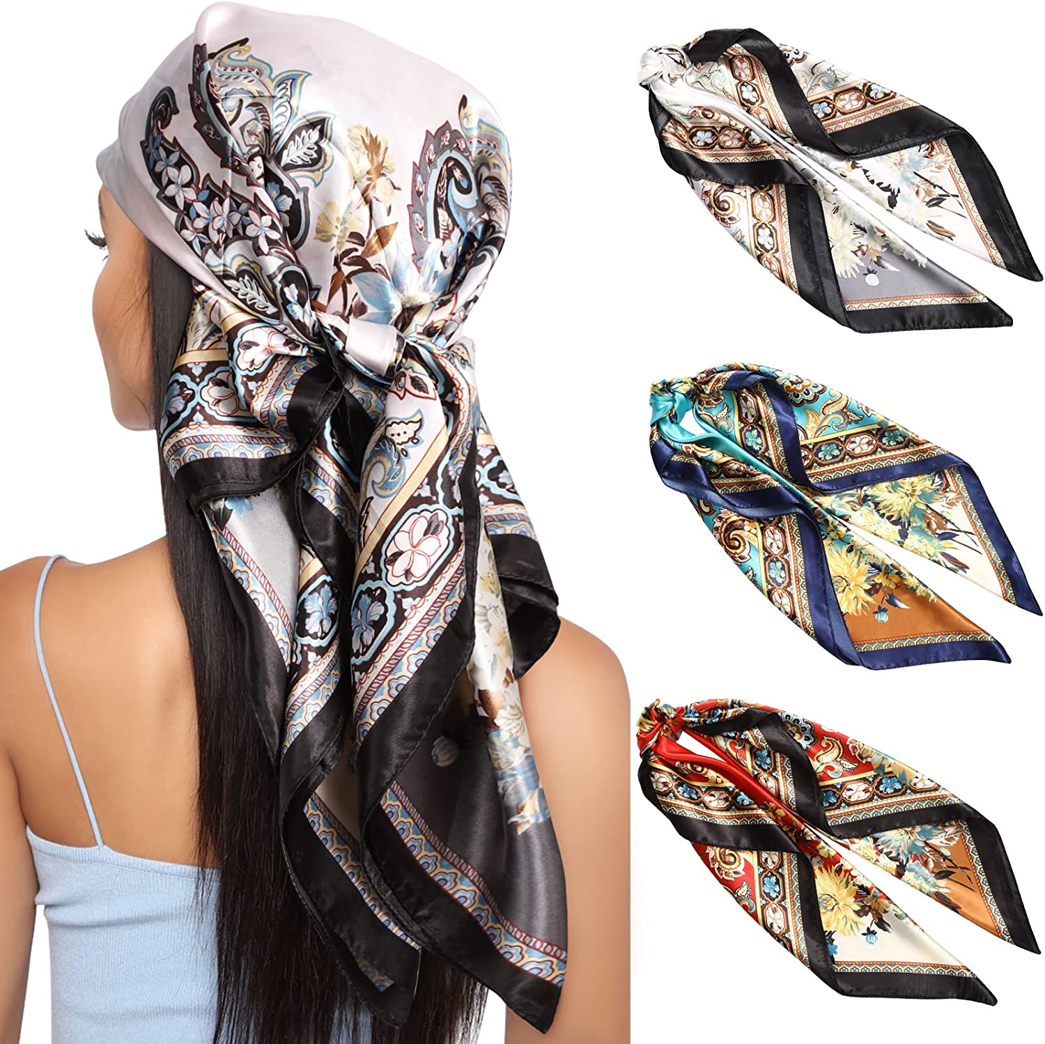  DRESHOW 35” Large Square Satin Head Scarf - 4Pcs Silk  Accessories Classic Patterned Squares Beach Bandanas for Women : Everything  Else