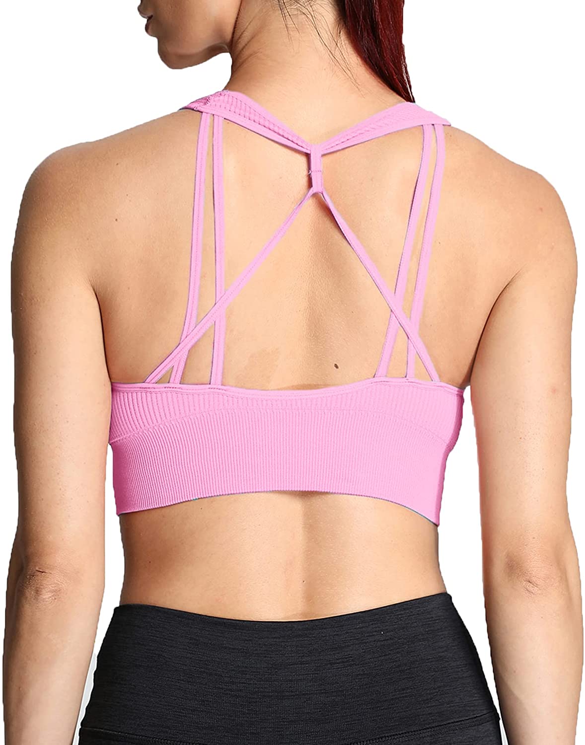 Aoxjox Women's Workout Ribbed Seamless Sports Bras Fitness Running Yoga  Crop Tan