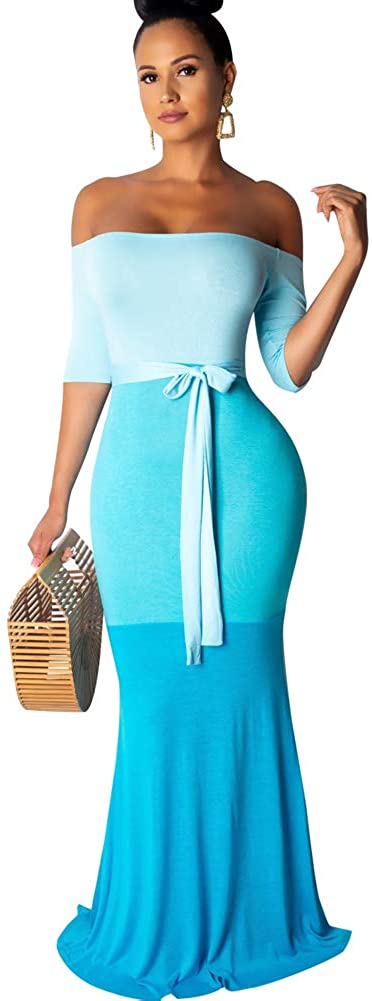 Womens Mermaid Long Maxi Dress - Off The Shoulder Triple Color Block Bodycon  Dre | eBay