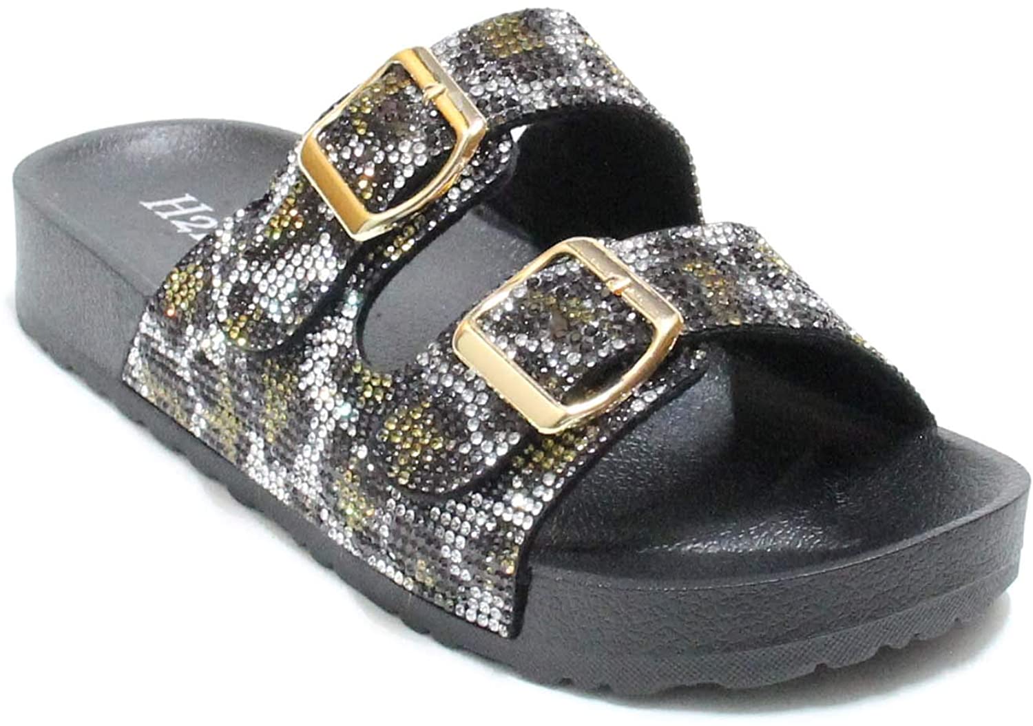 H2K Womens Glitter Double Buckle Adjustable Comfort Slip On Slides Sandals Espen