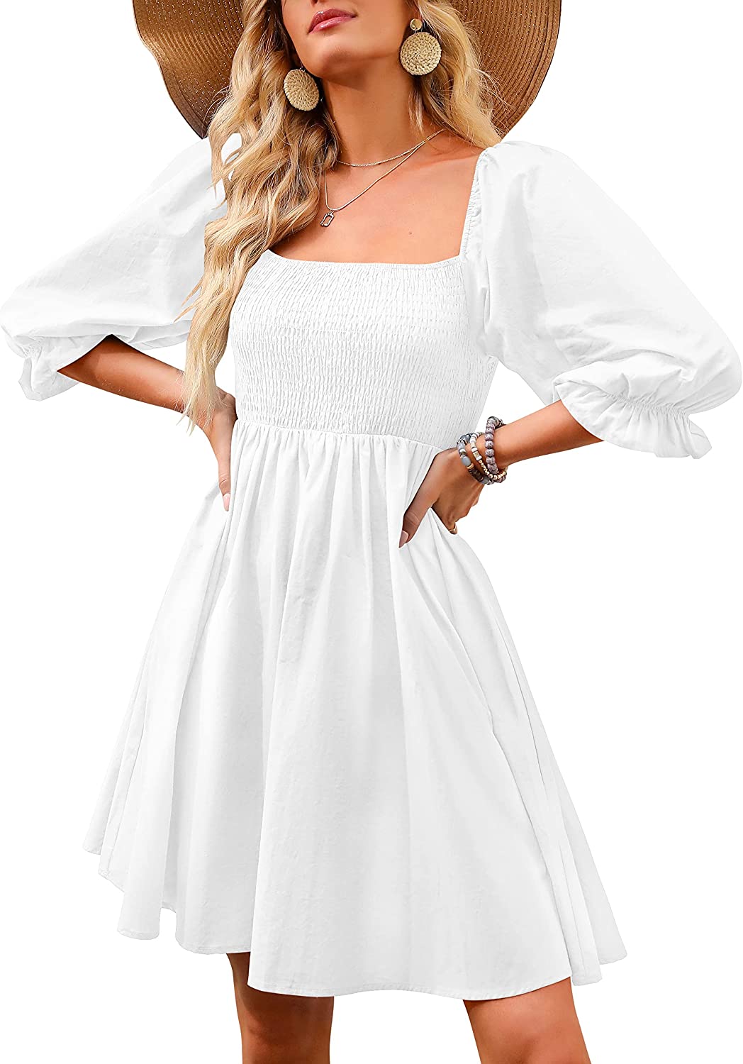 White Puff Sleeve Square Neck Smock Dress