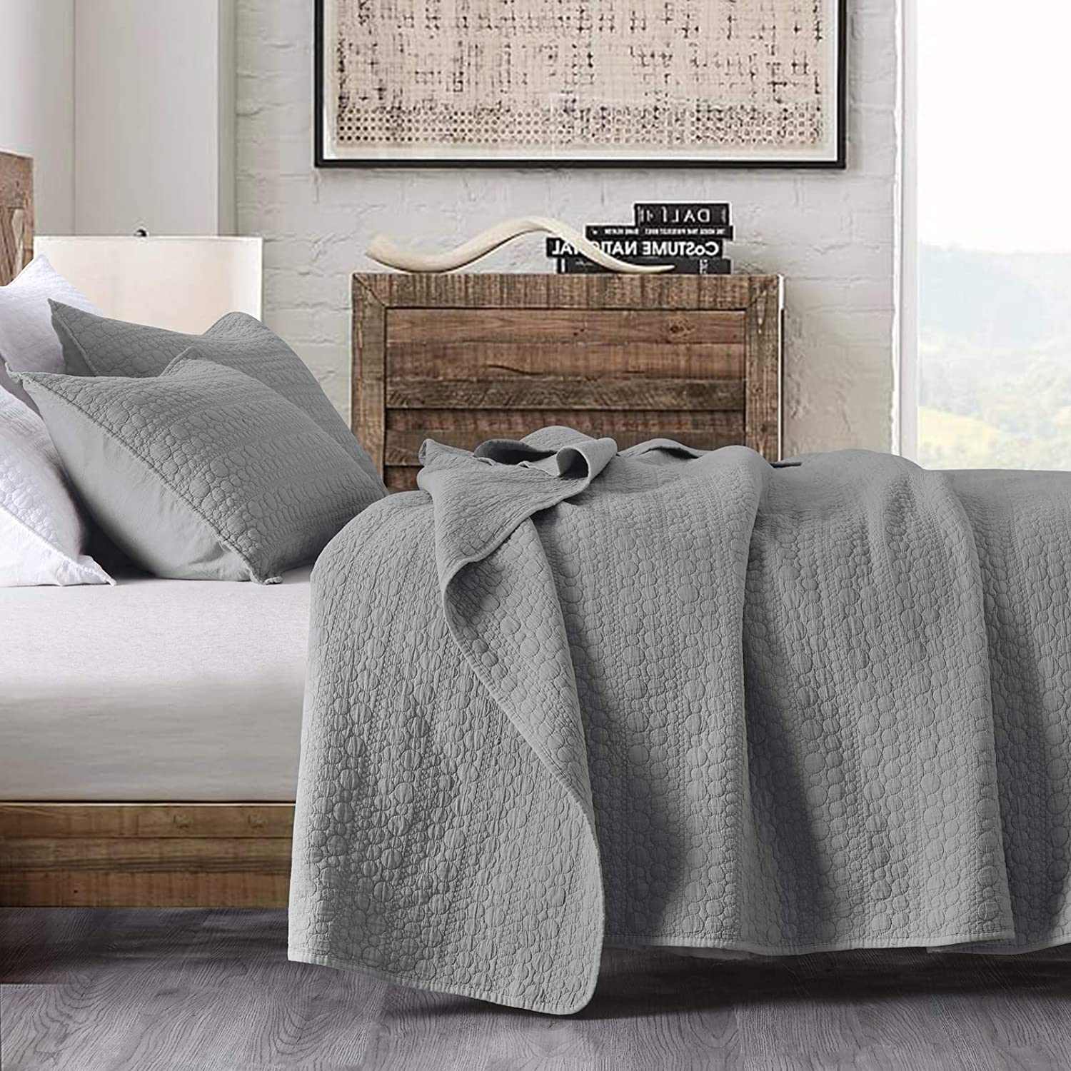 Luxurious Cream Dk.Grey Taupe Geometric Ogee 3 pcs Quilted Coverlet King Queen 