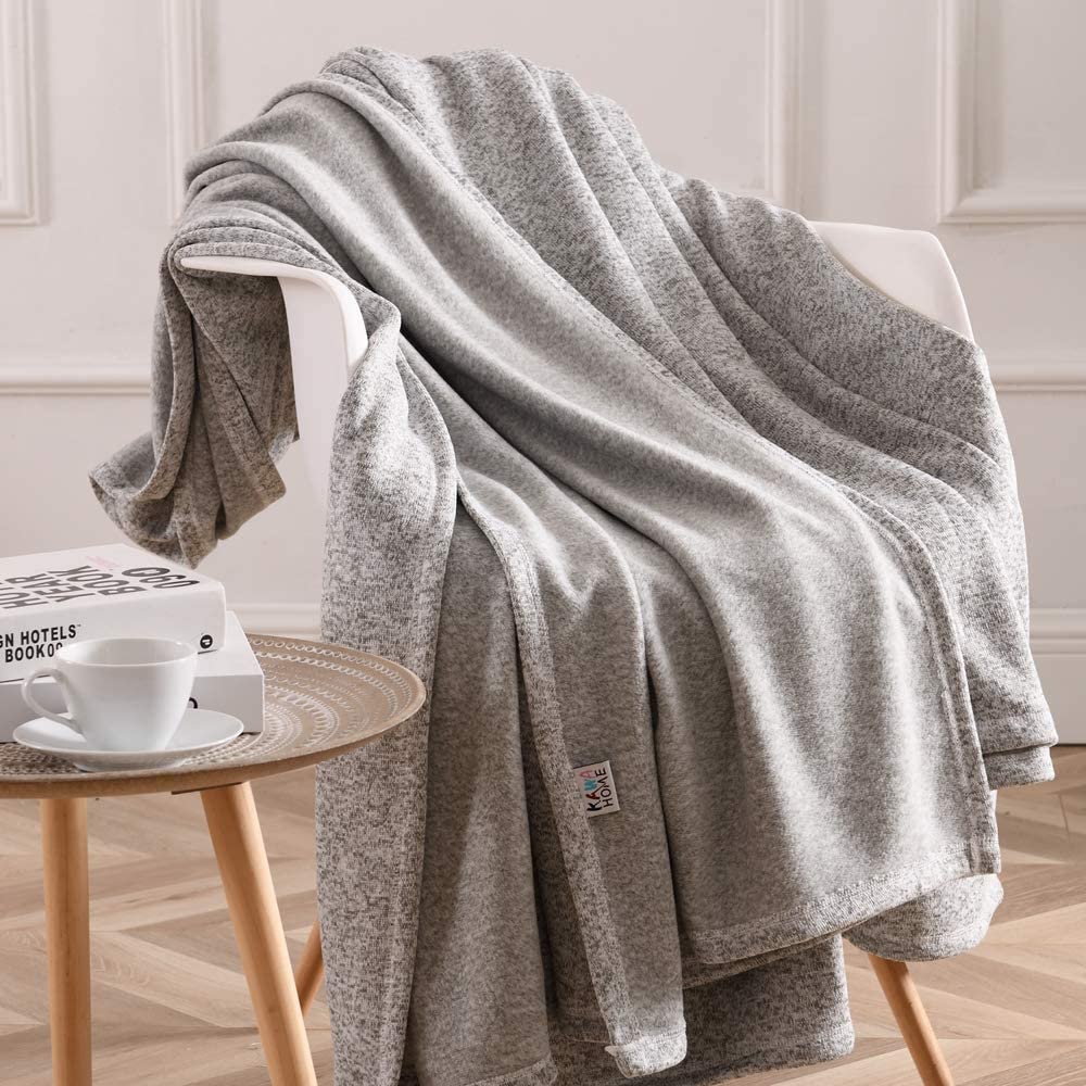 KAWAHOME Knit Blanket Lightweight Breathable Fuzzy Heather Jersey Thin