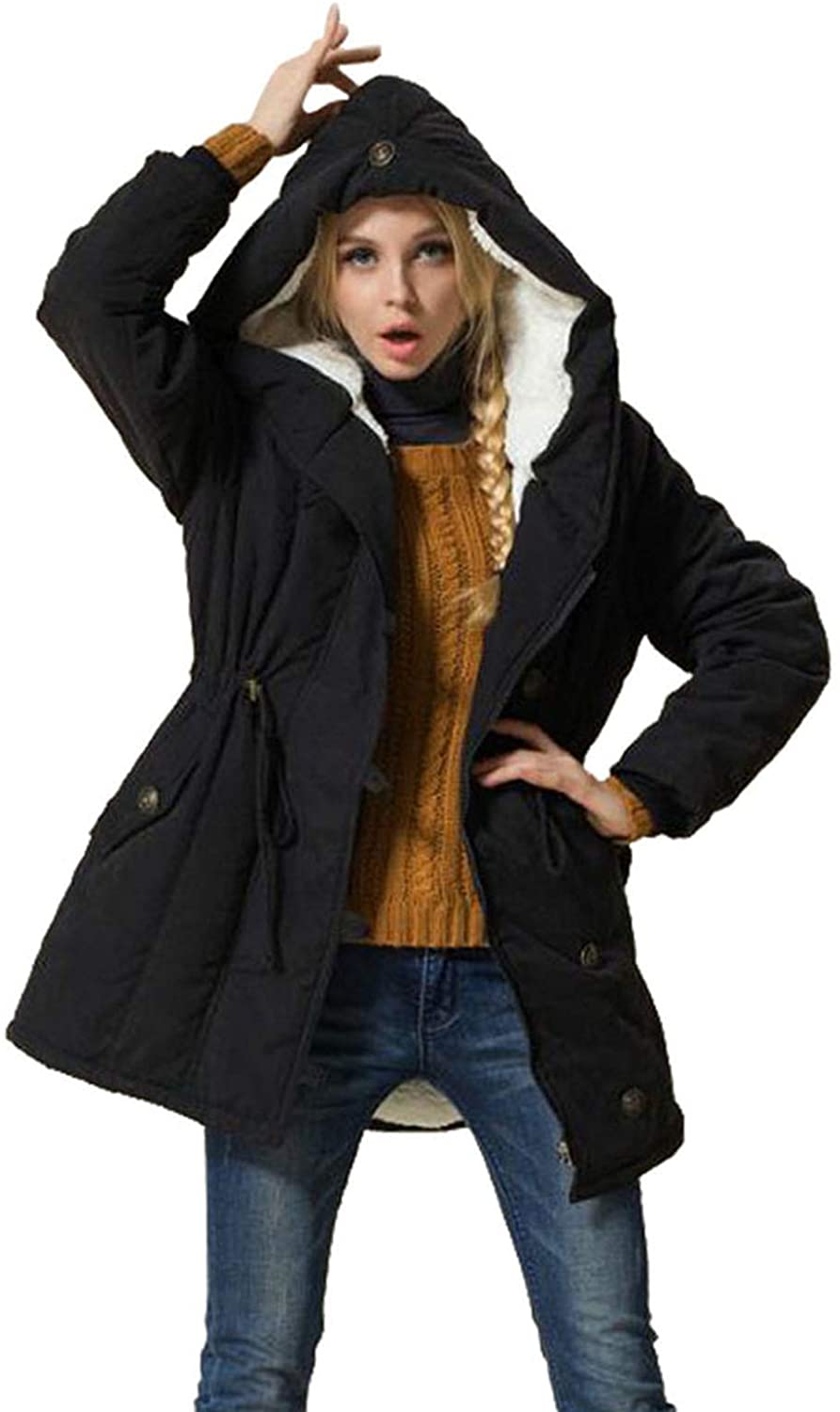 Womens Winter Sherpa Lined Hooded Coat Plus Size Warm Fleece Padded Coat Zip Up Windproof Hoodies Thick Jacket Outwear