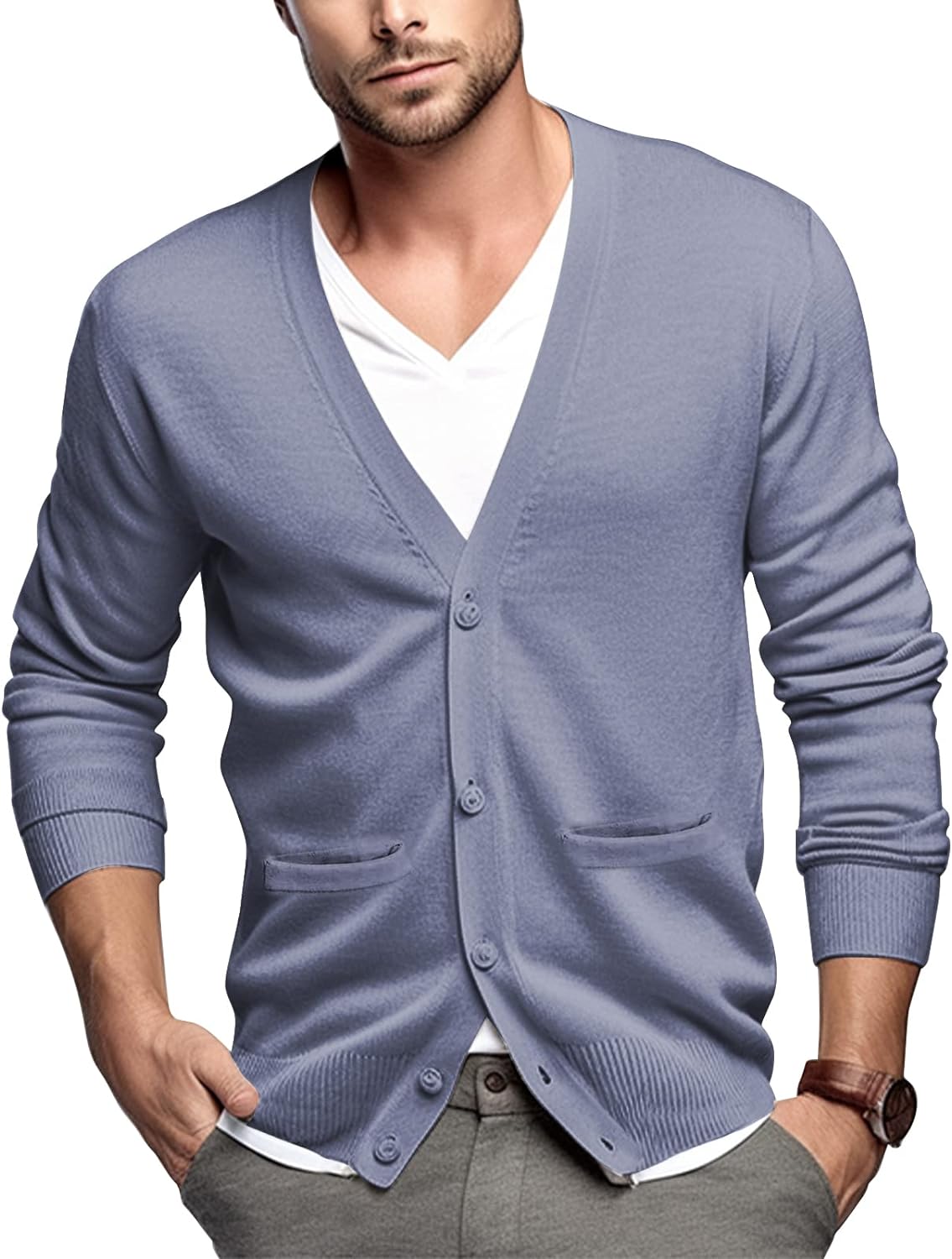 QUALFORT Mens Cardigan Sweater 100% Cotton Pockets Casual Slim Fit V-Neck  Knitte