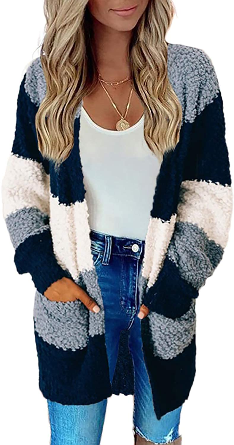 Sidefeel Women Open Front Popcon Fuzzy Knit Cardigan with Pockets 