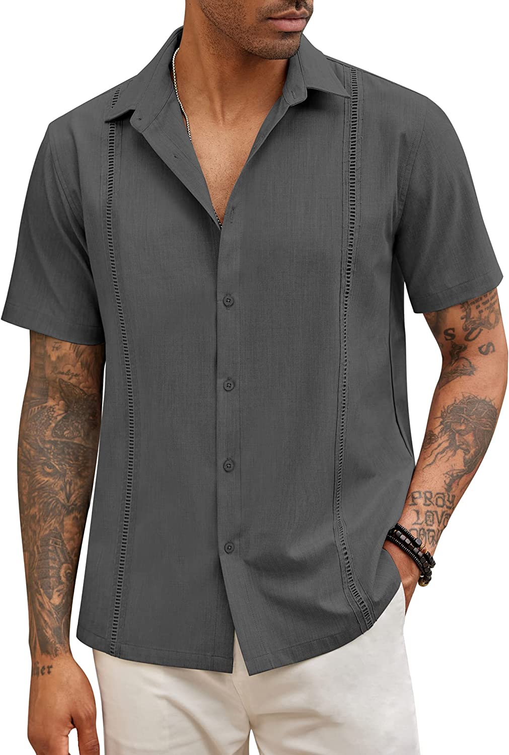  COOFANDY Men Cuban Guayabera Shirt Short Sleeve Button