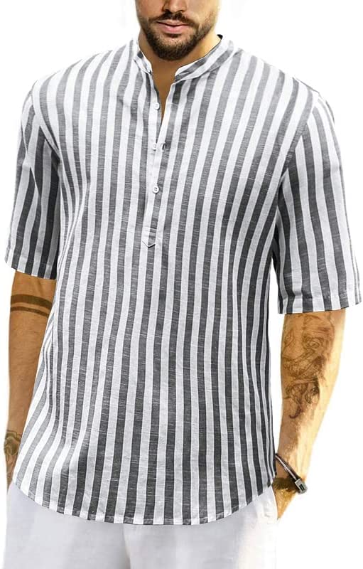 JMIERR Mens Cotton Linen Henley Shirt Casual Button Down Short Sleeve  Tropical S eBay