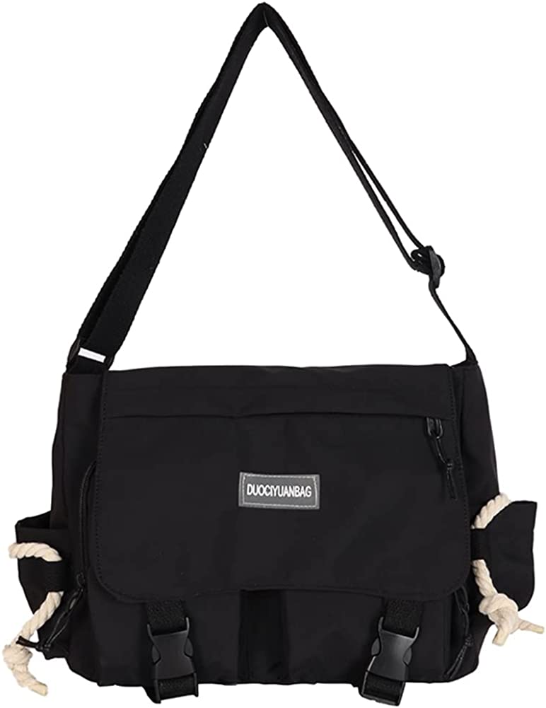 Juoxeepy Aesthetic Messenger Bag with Stuffed Pendant and Pins Kawaii Crossbody Bag for Women Nylon Messenger Bag