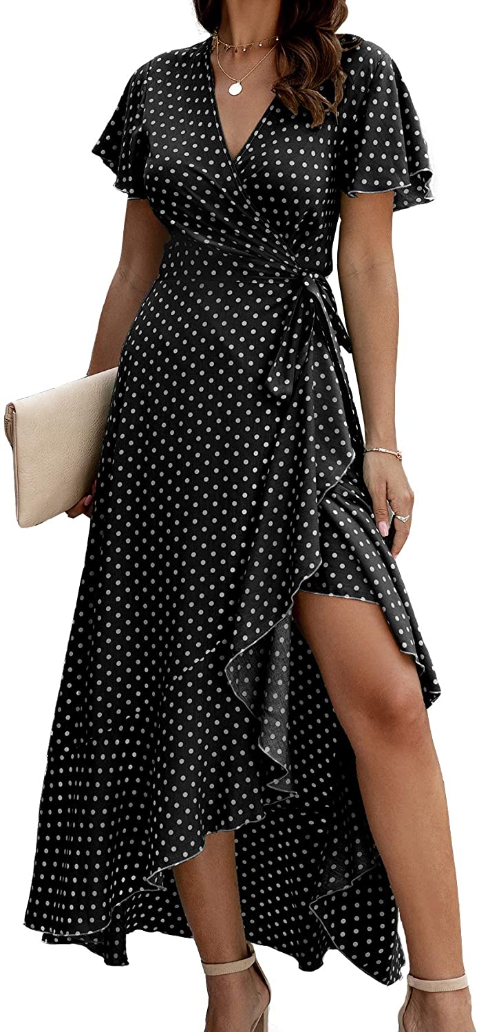 Alelly Women Wrap Maxi Dress Split Flowy Long Cocktail Dress Boho Polka Dot  Summ | eBay