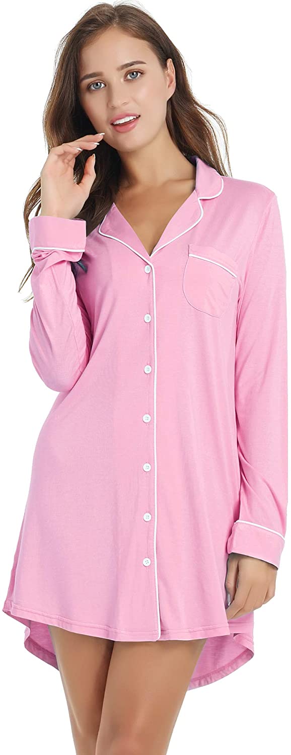 Amorbella Womens Long Sleeve Nightgown Button Down Nightshirt Bamboo Sleep  Shirt