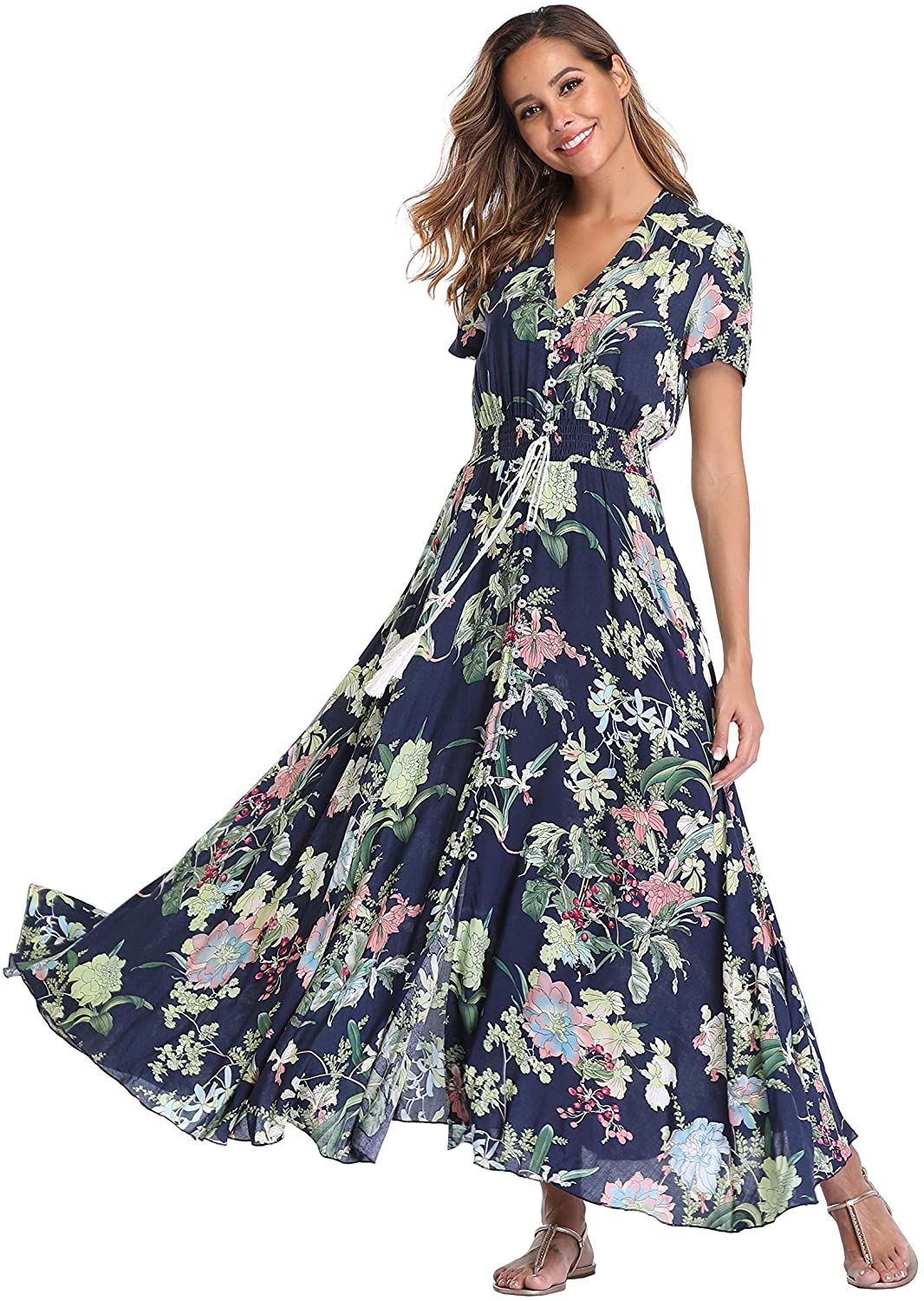 Ferrendo Women's Floral Maxi Dress Button Up Split Flowy Bohemian Party  Beach Dresses