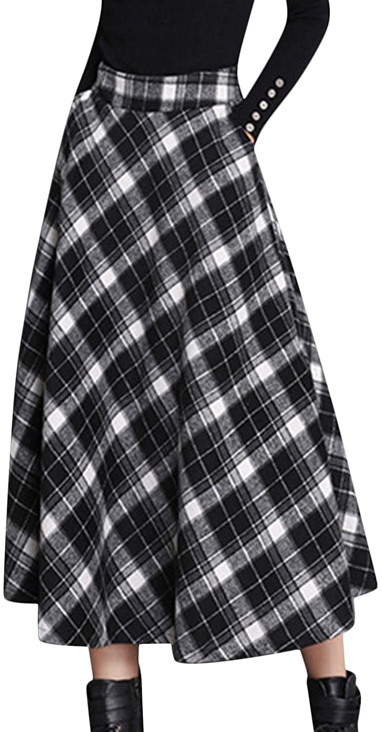 Tanming Women's Winter Warm Elastic Waist Wool Plaid A-Line