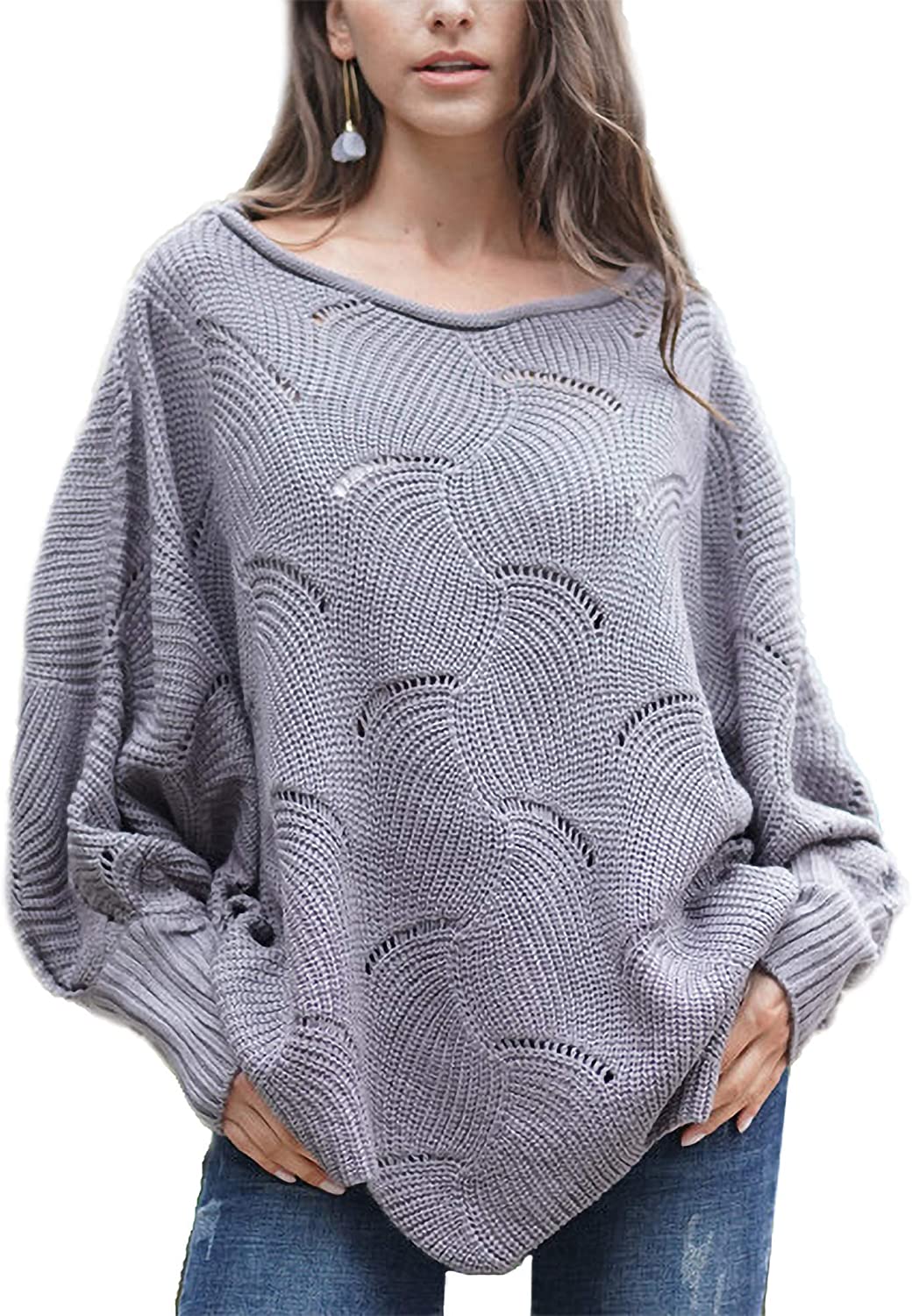 Zarjar Women's Pullover Batwing Lone Sleeve Loose Hollow Knit Sweaters Tops