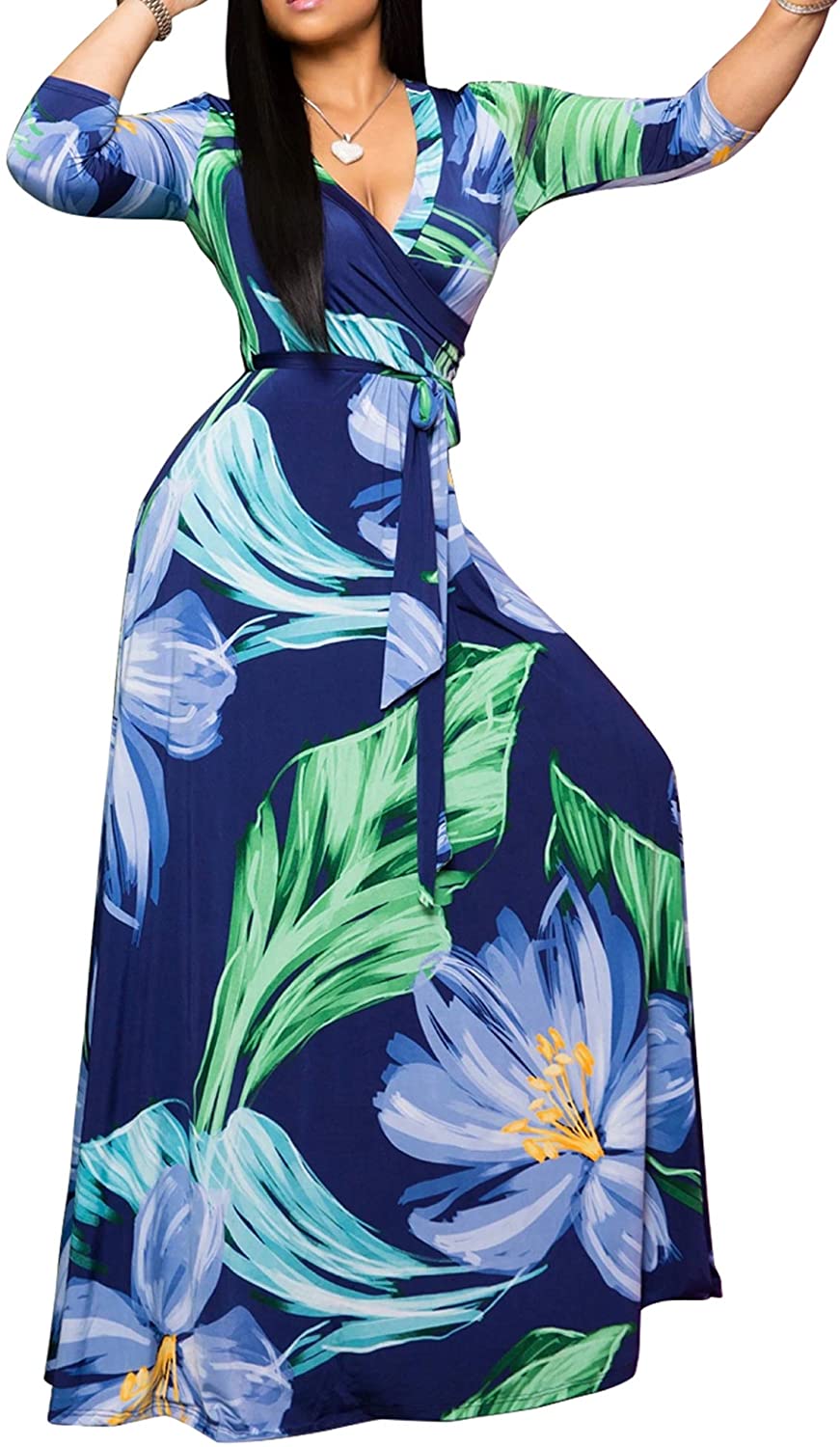 FANDEE Plus Size Maxi Dress for Women Casual Summer Sundress V-Neck 3/4 Sleeve