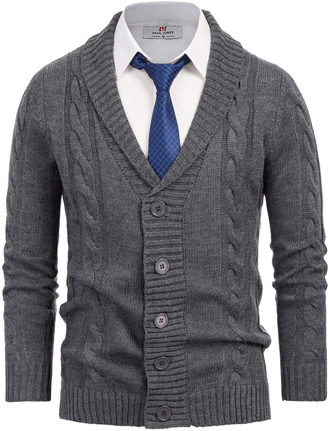 Mens Shawl Collar Cardigan Sweater Cable Knit Button Cotton Sweater with Pockets
