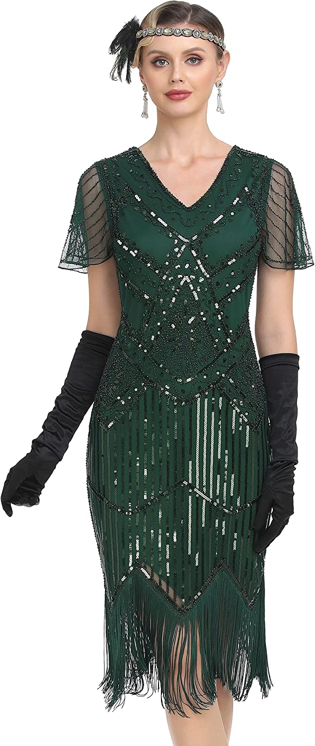 PrettyGuide Women's 1920s Flapper Dress Short Sleeve Glitter Sequin  Inspired Fri