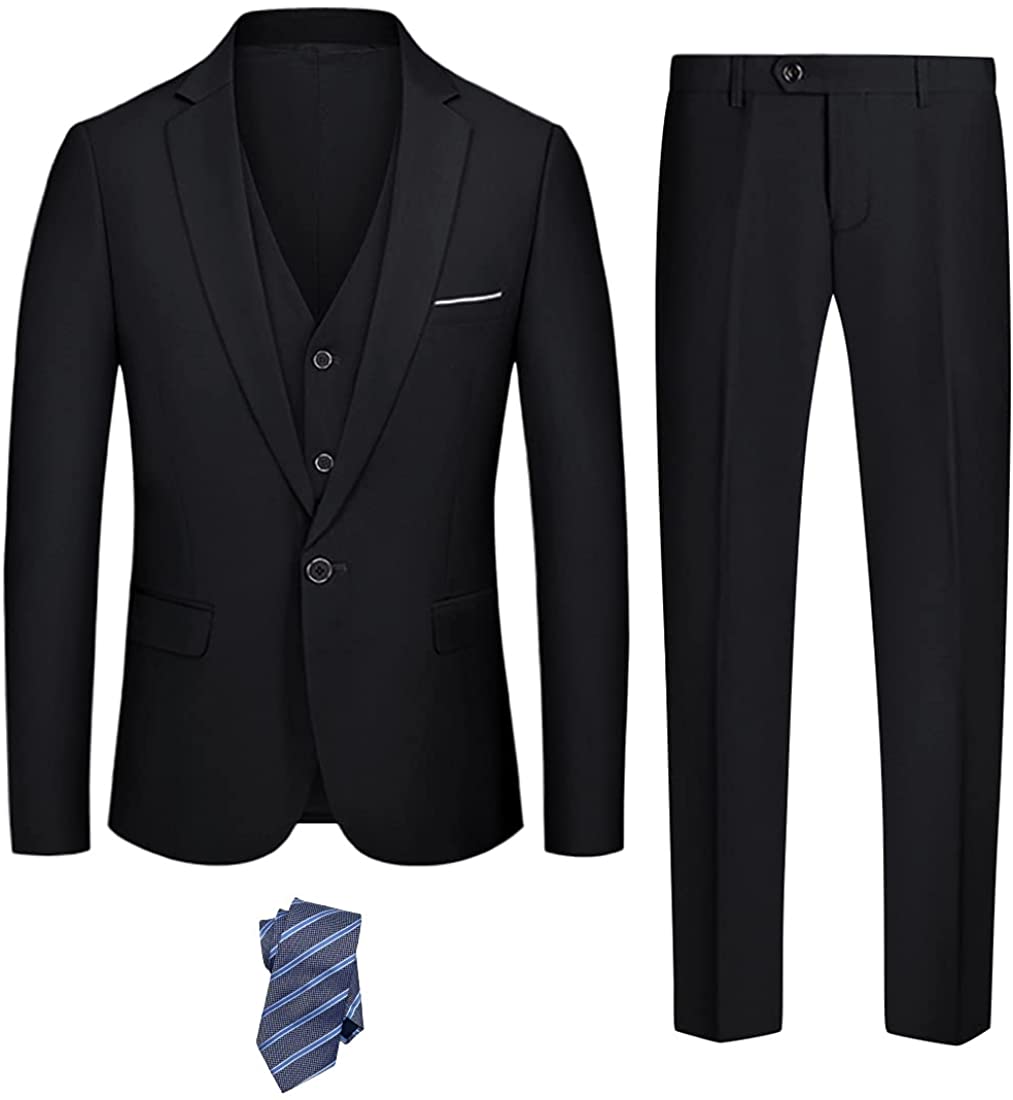 XUNFUN Men's 3 Piece Slim Fit Suits Set One Button Solid Jacket Vest Pants Business Wedding Party Blazer Office Work Suit 