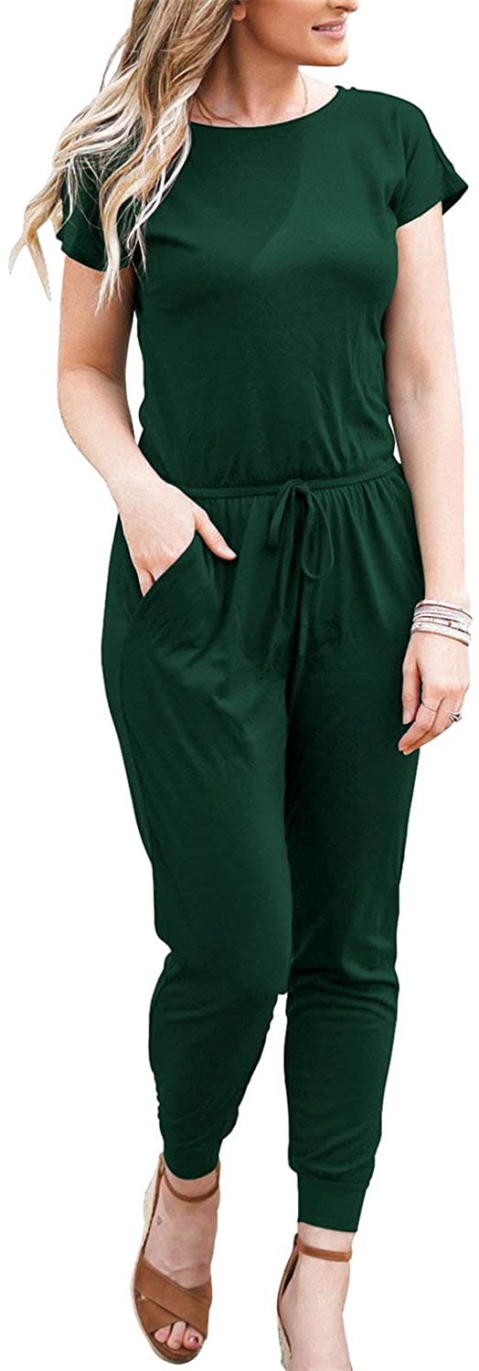DouBCQ Womens Casual Short Sleeve Jumpsuits Elastic Waist Jumpsuit with Pockets 