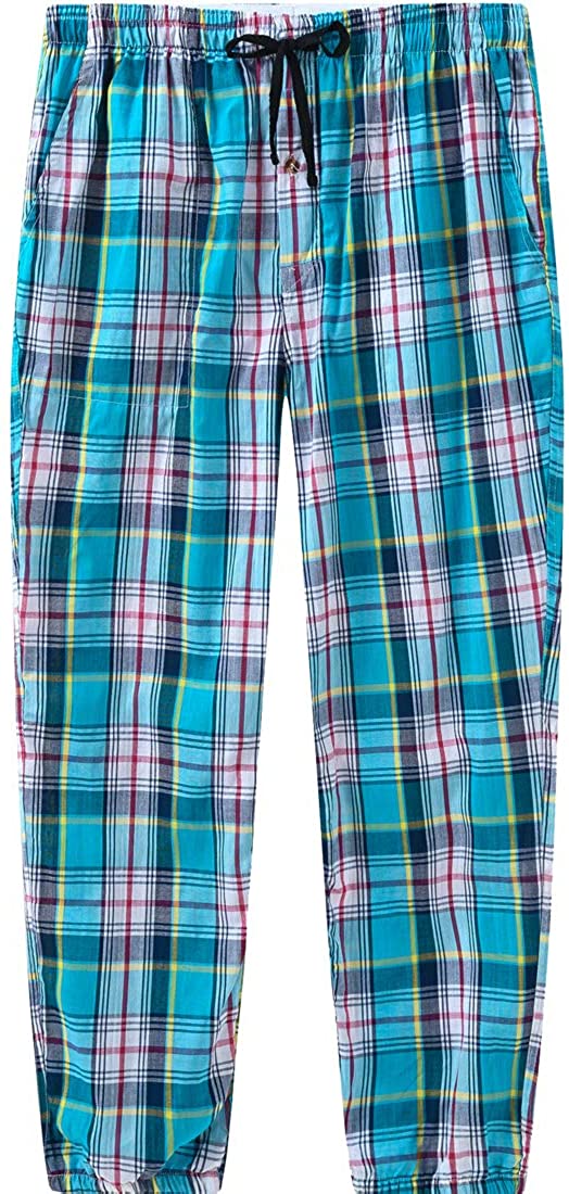 JINSHI Mens Cotton Pyjama Bottoms Button Fly Check Lounge Pants Nightwear