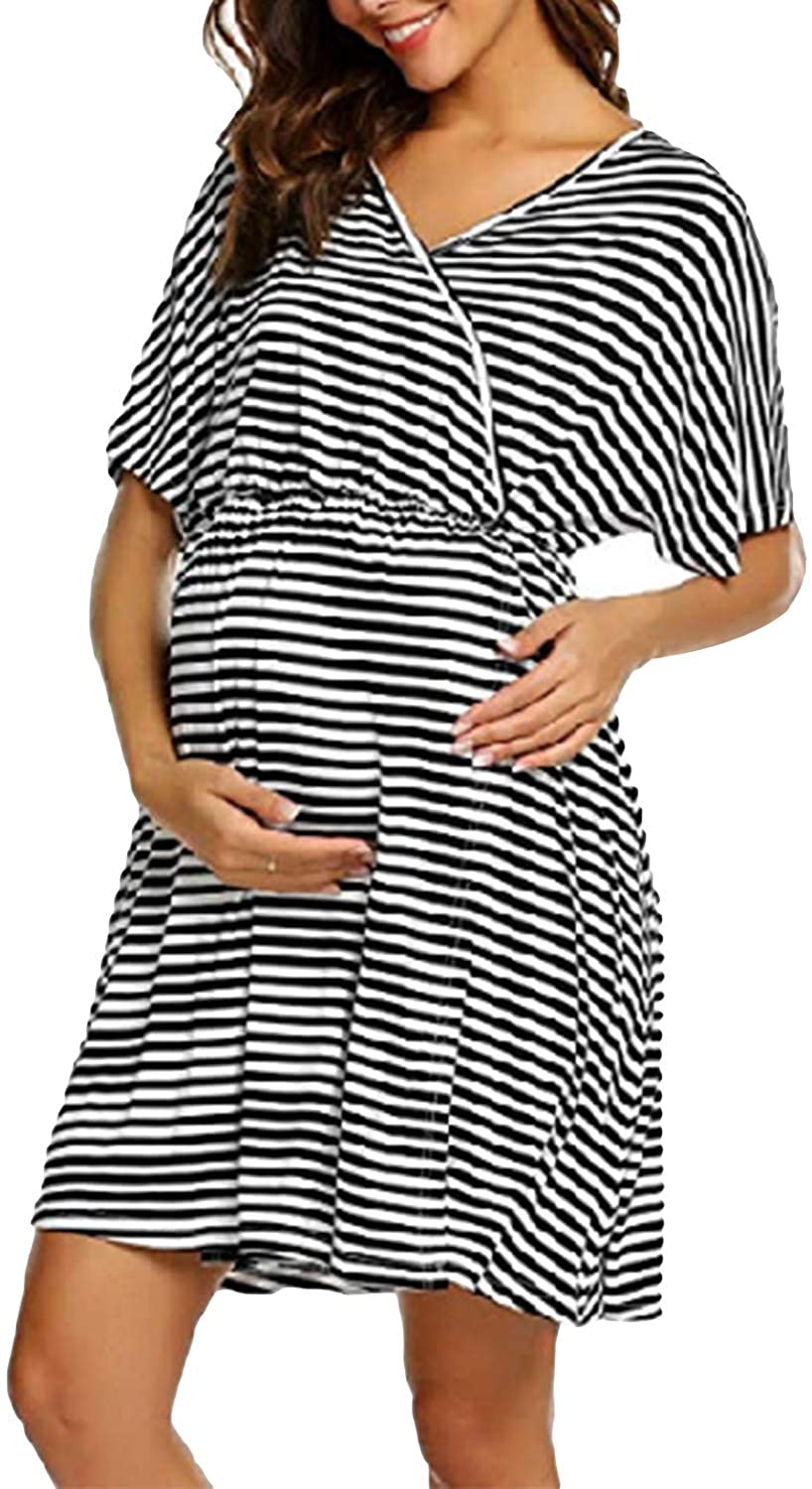 SUNNYME Women Maternity Dress Nursing Nightgown Summer Soft Labor and Delivery Gown V-Neck Sleepwear Pajama Dress 