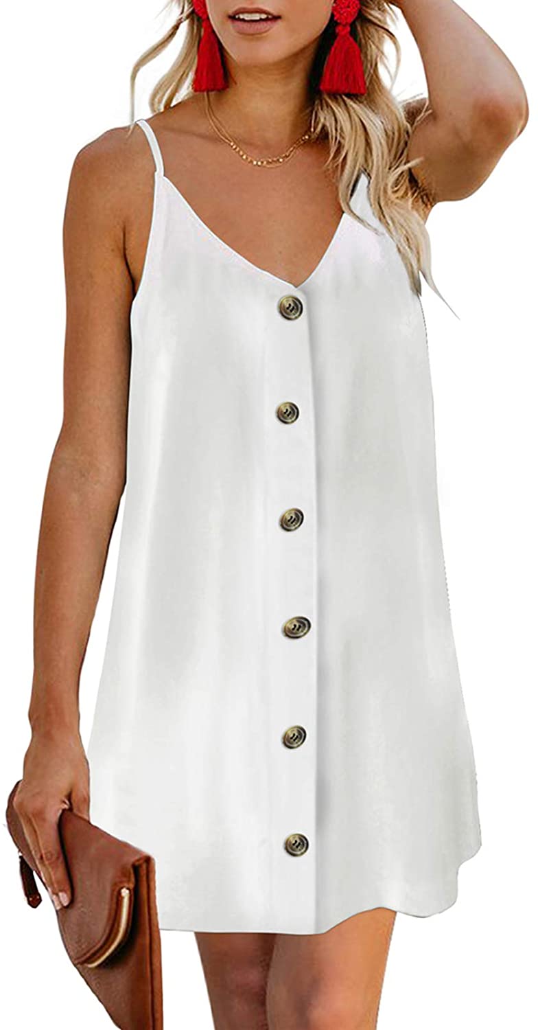 Ecrocoo Womens Casual Summer Dresses Fashion 3/4 Roll Tab Sleeves V Neck T Shirt Dresses Loose Chiffon Button Beach Dress