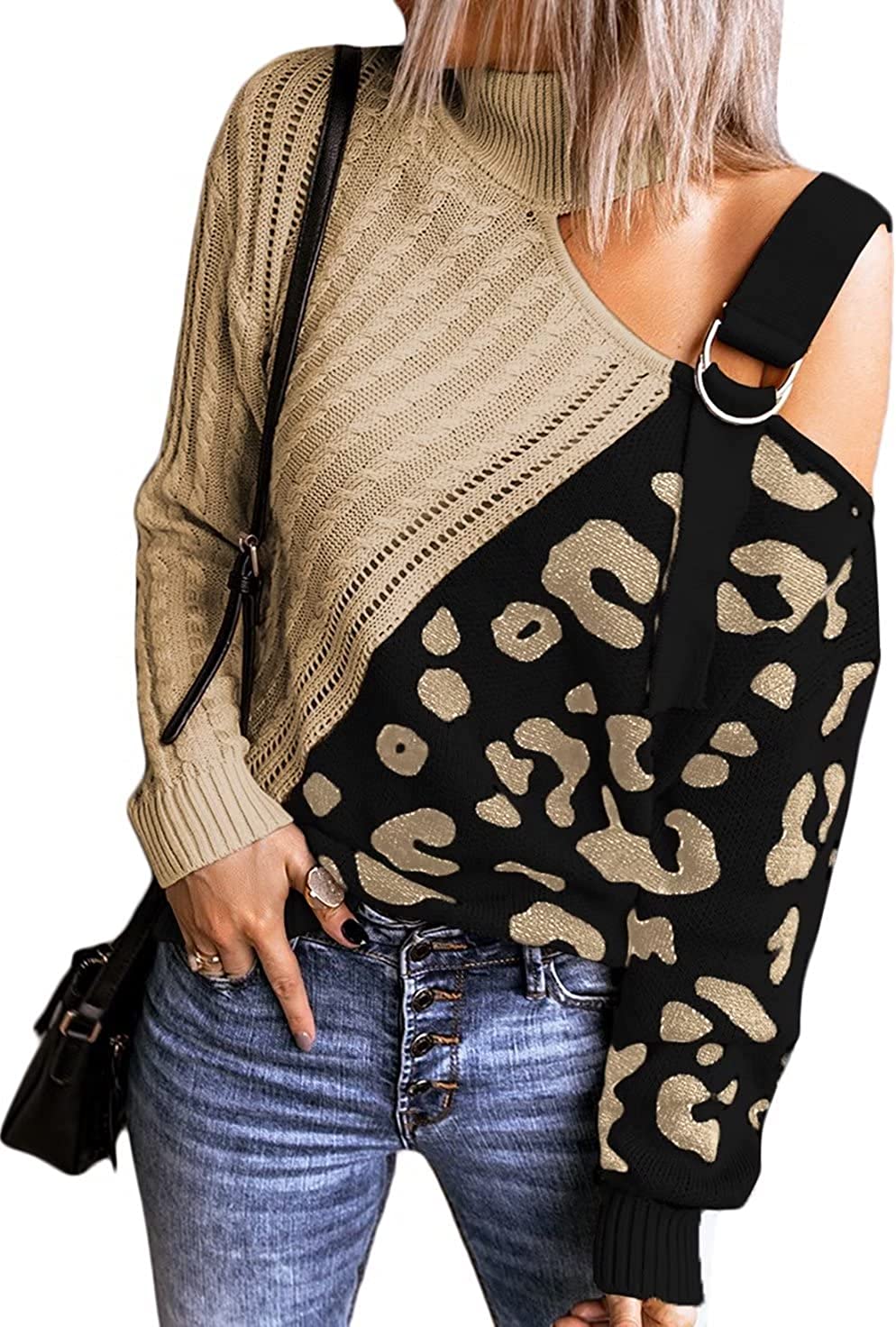 BLENCOT Women Long Sleeve Turtleneck Cold Shoulder Sweater Leopard