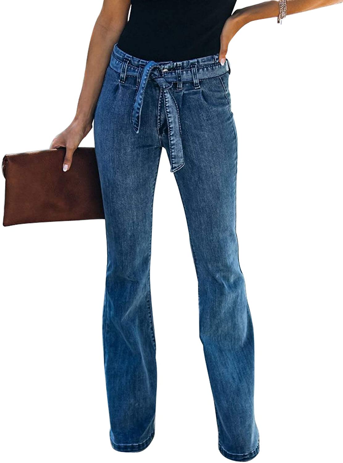 Sidefeel Women Destoryed Flare Jeans Elastic Waist Bell Bottom Raw Hem Denim  Pan | eBay