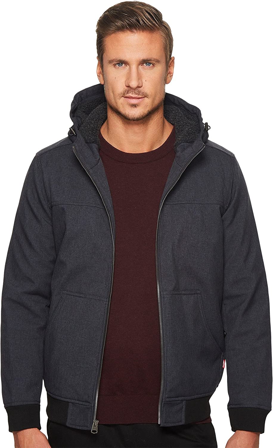 levi's men's soft shell sherpa lined hooded bomber jacket